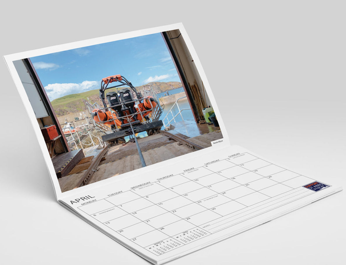 Calendar with photograph of rear of lifeboat in the lifeboat station